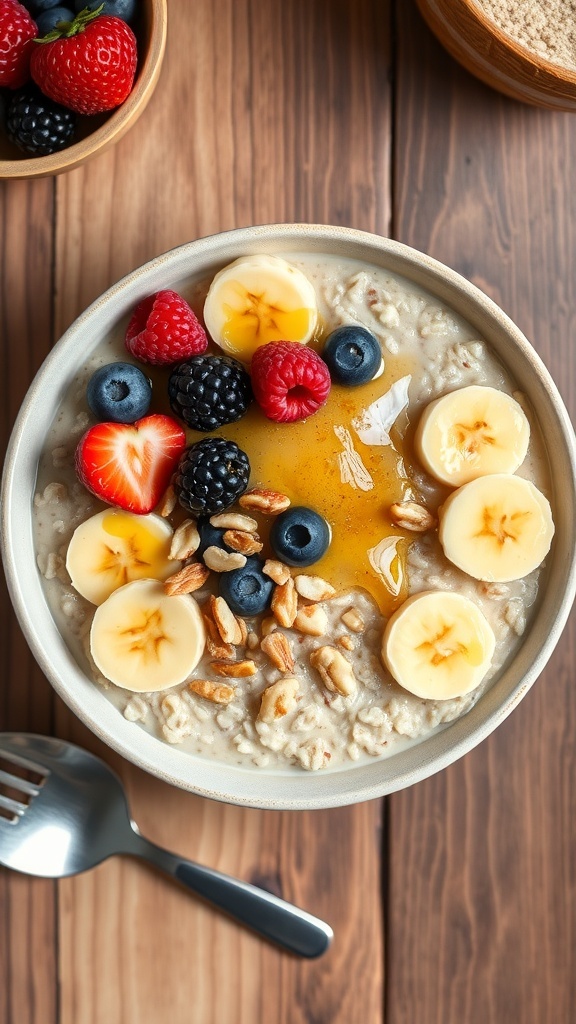 A nutritious oatmeal bowl with banana, berries, and nuts on a wooden table.